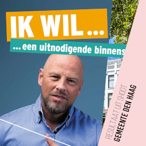 Resultaat fotoshoot voor Gemeente Den Haag – fotomodel man vertelt in een campagneposter dat hij graag een uitnodigende stad wil
